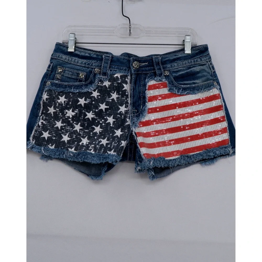Miss Me Signature Americana Sequin Flag Denim Shorts Blue 29